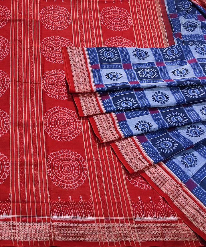 Blue red handwoven cotton sambalpuri saree