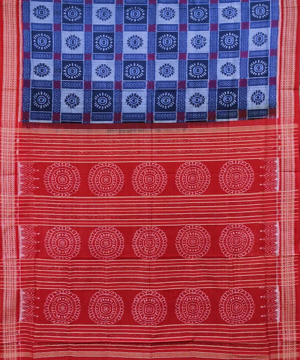 Blue red handwoven cotton sambalpuri saree