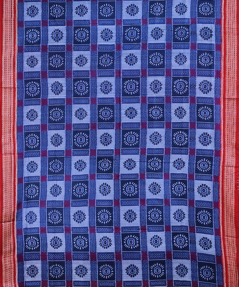 Blue red handwoven cotton sambalpuri saree