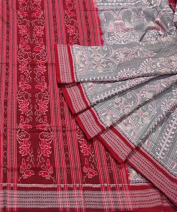 Grey red handwoven cotton sambalpuri saree