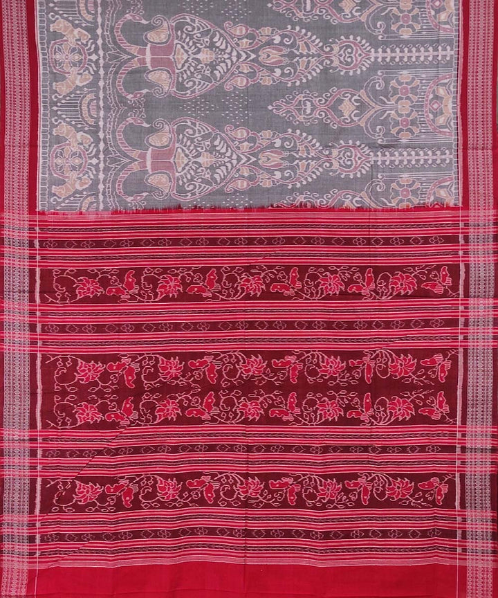 Grey red handwoven cotton sambalpuri saree