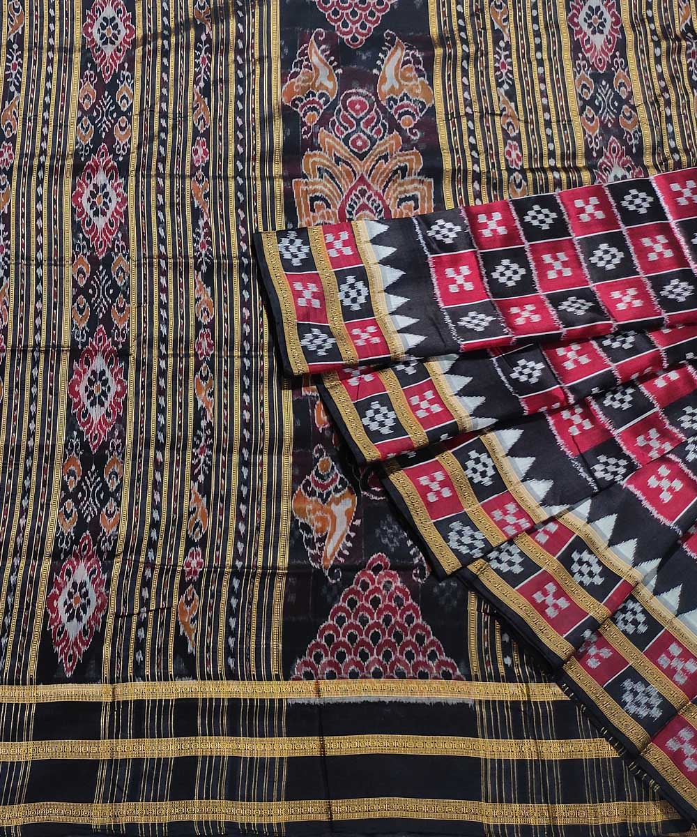 Red black handwoven cotton silk khandua saree
