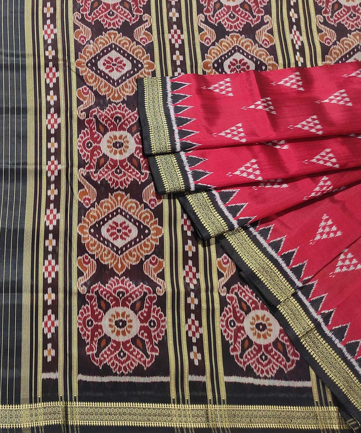 Red black hand woven cotton silk khandua saree