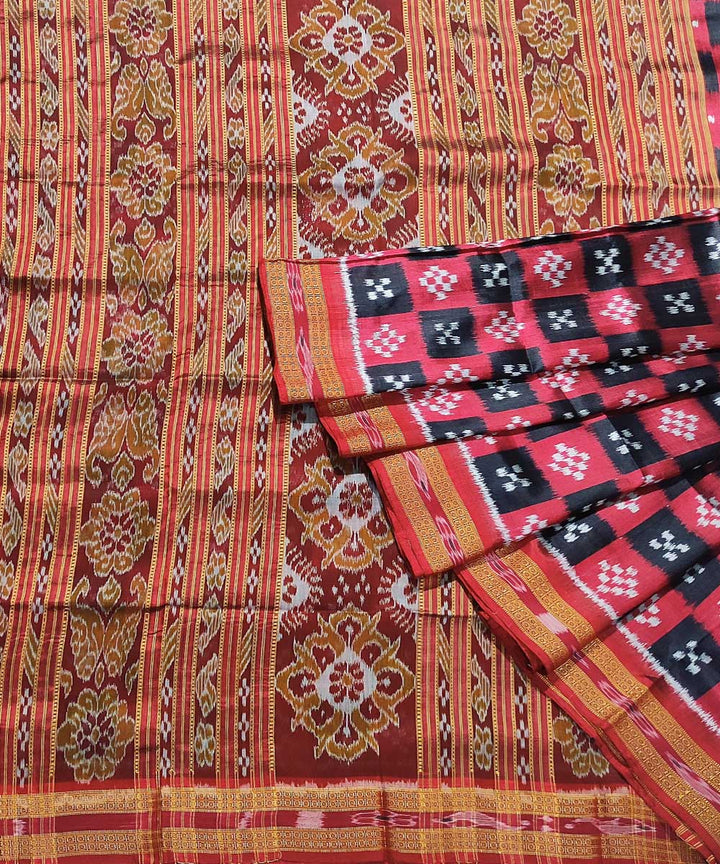 Black red handwoven cotton silk khandua saree