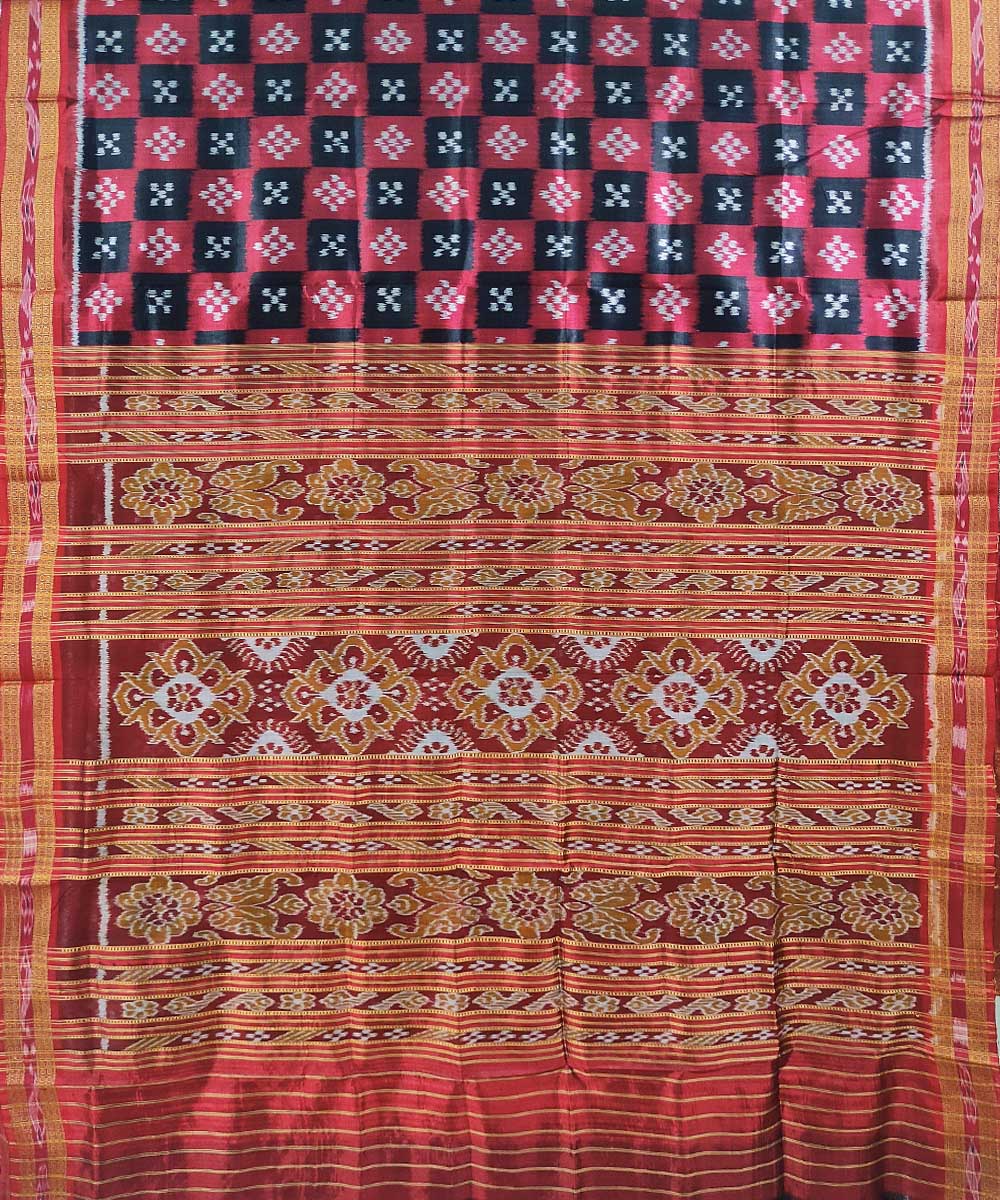 Black red handwoven cotton silk khandua saree