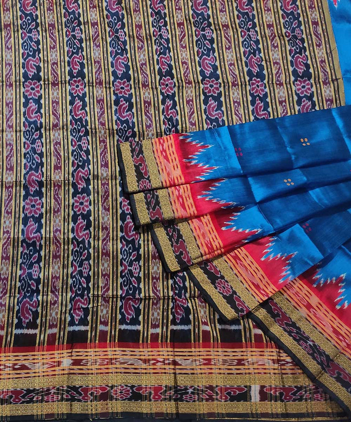 Blue black handwoven cotton silk khandua saree