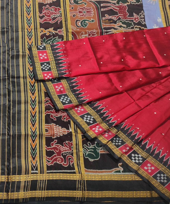 Red black hand loom cotton silk khandua saree