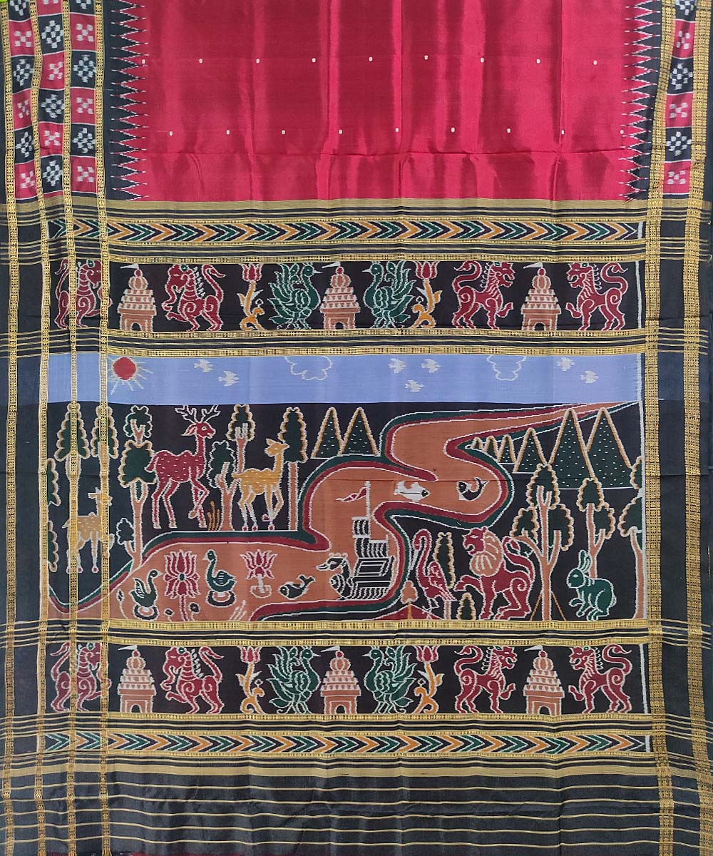 Red black hand loom cotton silk khandua saree