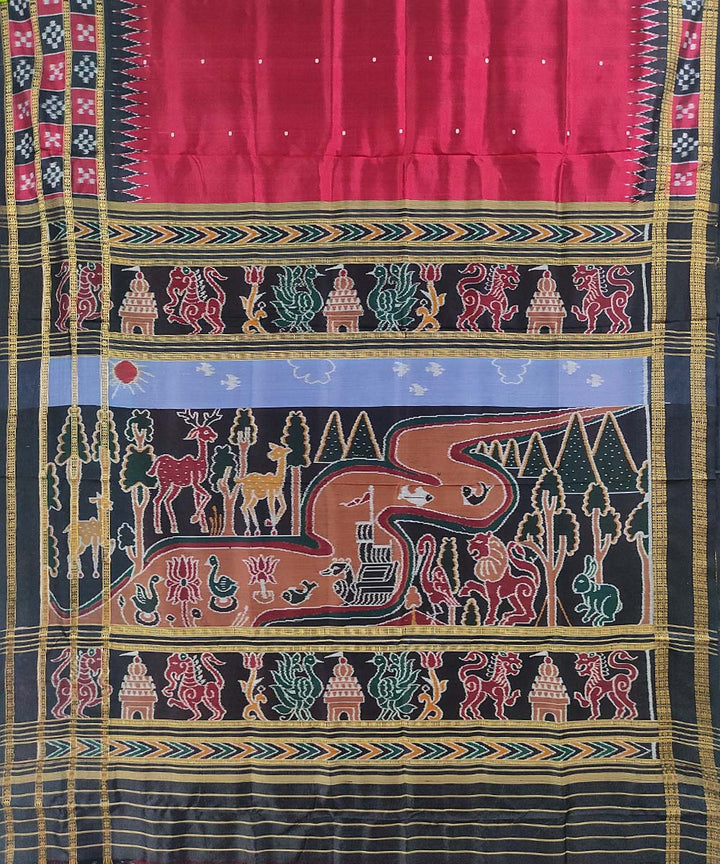 Red black hand loom cotton silk khandua saree