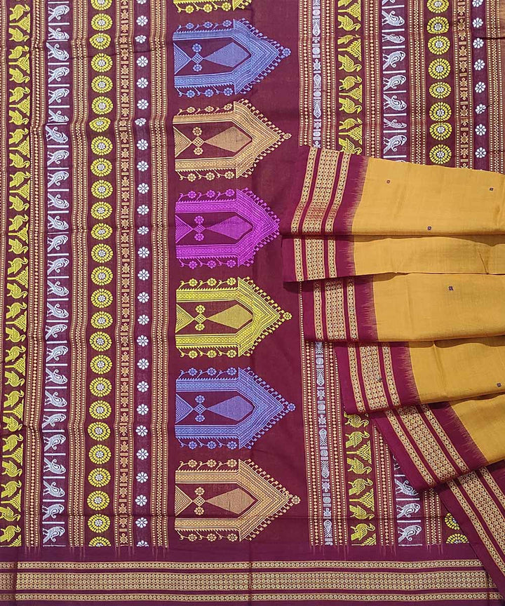 Mustard maroon handwoven cotton dongoria saree
