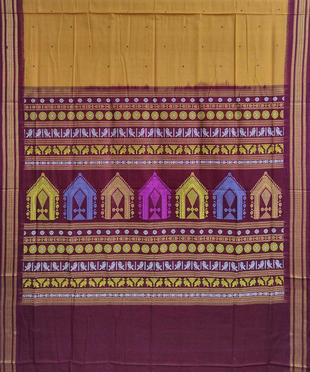 Mustard maroon handwoven cotton dongoria saree