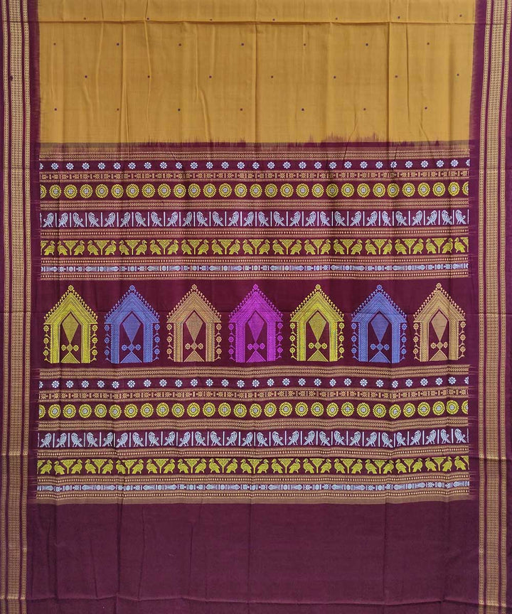 Mustard maroon handwoven cotton dongoria saree