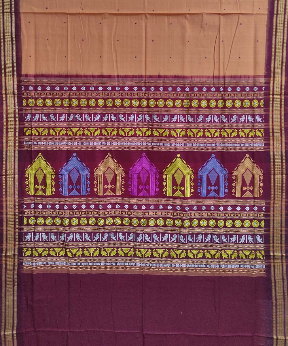 Cream maroon handwoven cotton dongoria saree