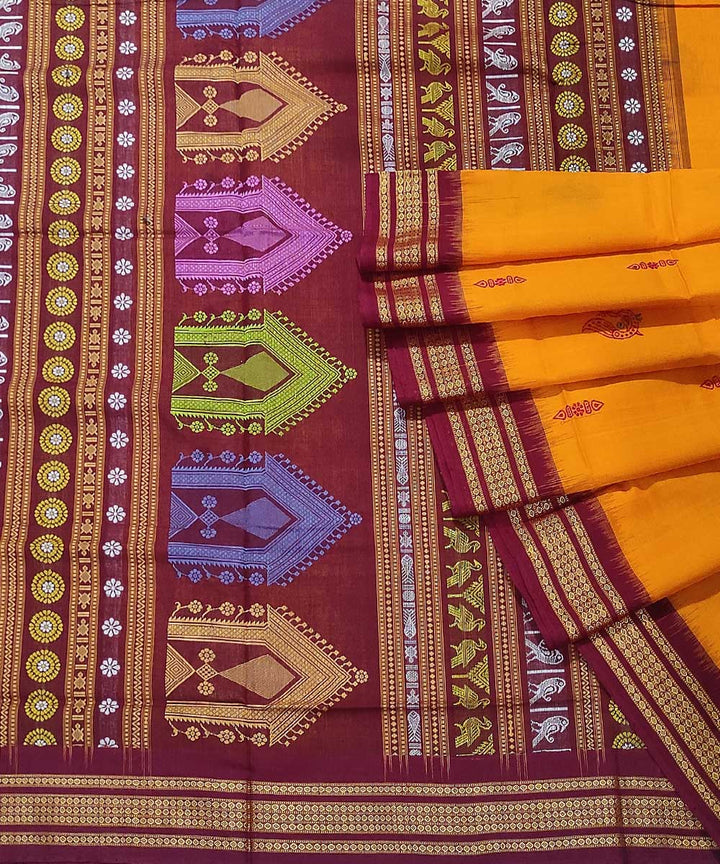Yellow maroon handwoven cotton dongoria saree