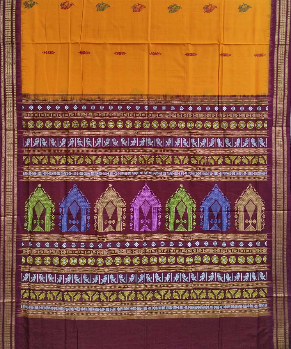 Yellow maroon handwoven cotton dongoria saree