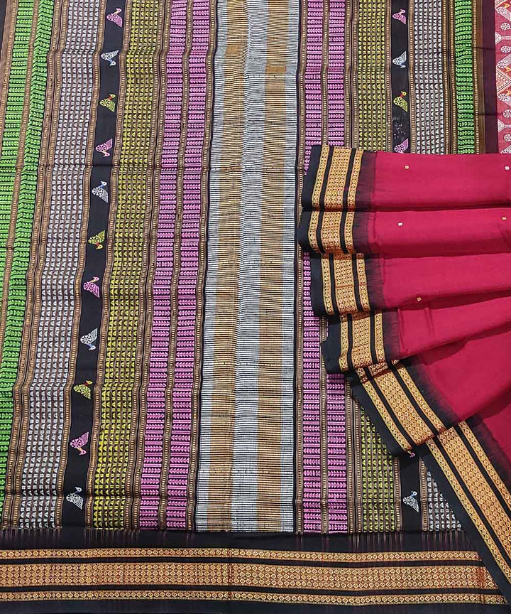 Maroon black hand woven cotton dongoria saree