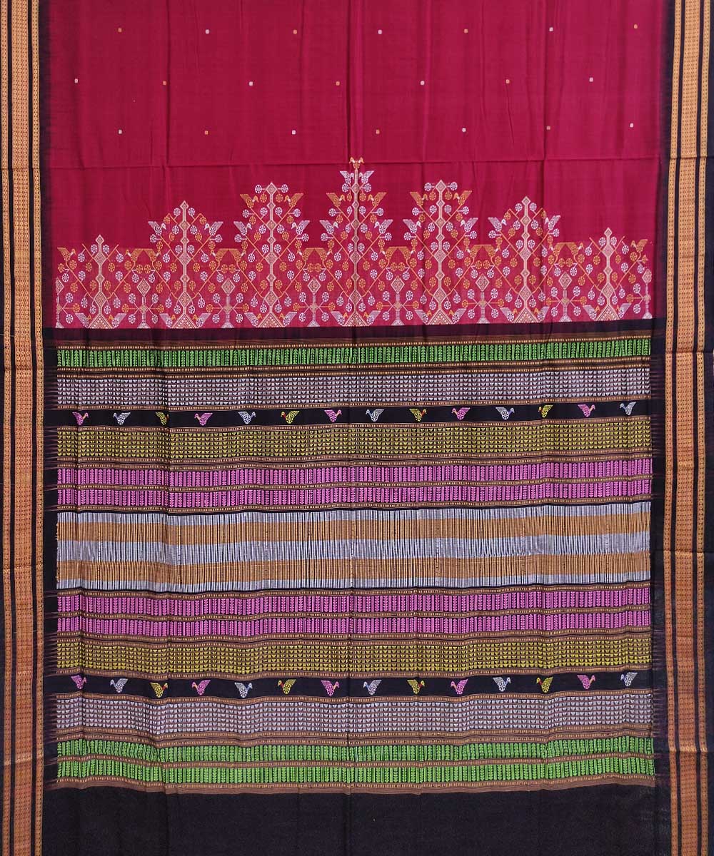 Maroon black hand woven cotton dongoria saree