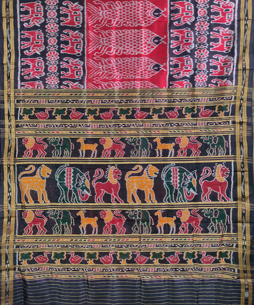 Red black handwoven silk khandua saree