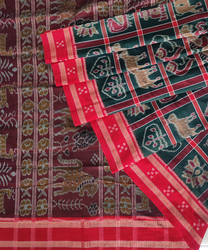 Dark green maroon cotton handwoven nuapatna saree