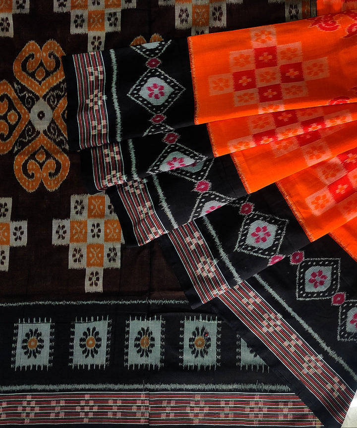 Orange yellow black cotton handwoven nuapatna saree