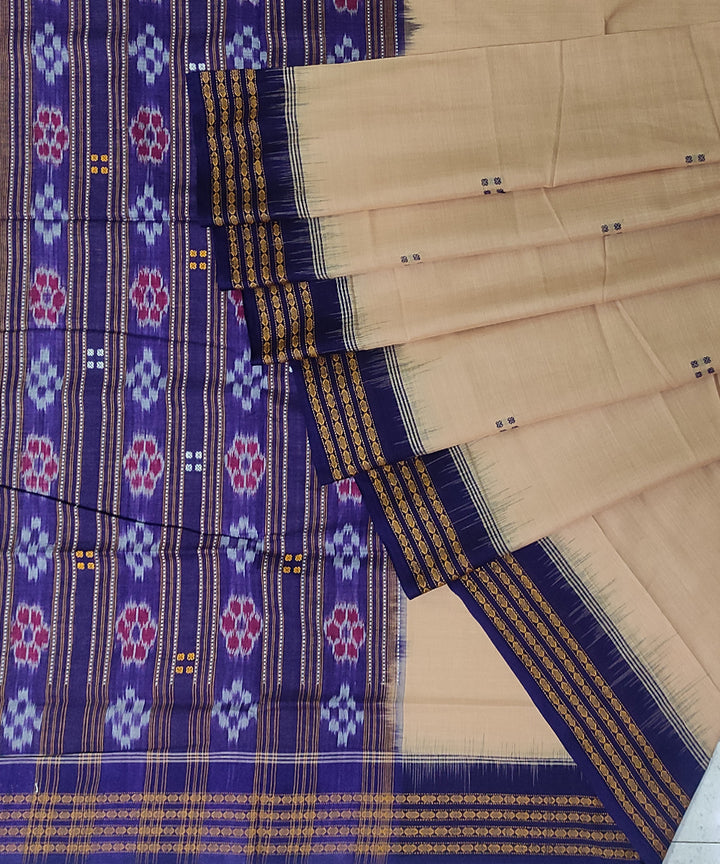Beige navy blue cotton handwoven sambalpuri saree