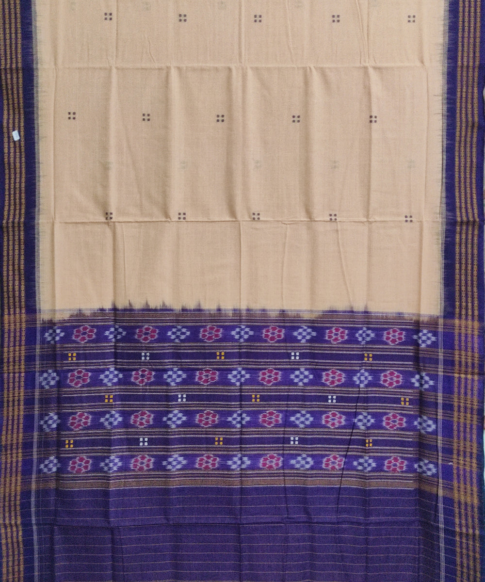 Beige navy blue cotton handwoven sambalpuri saree