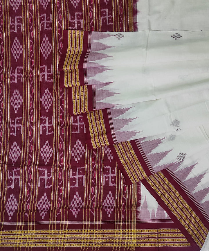 White maroon cotton handwoven sambalpuri saree