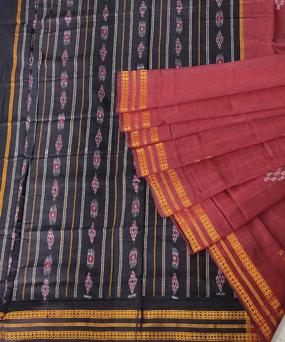 Dark terra cotta brown and black handwoven cotton nuapatna saree