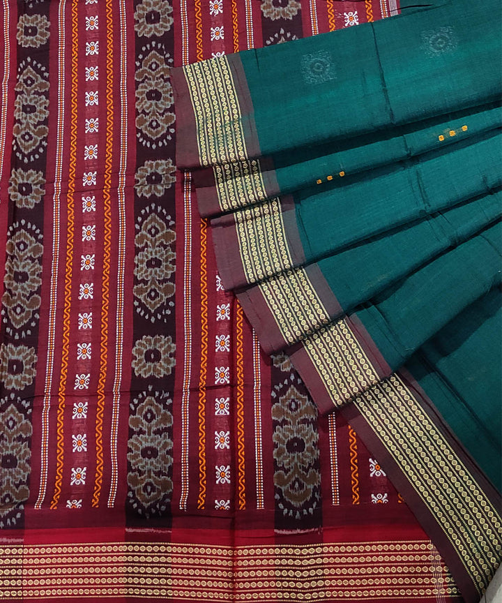 Green and coffee brown handwoven cotton sambalpuri saree