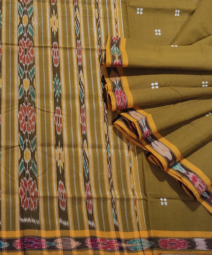 Olive green yellow handwoven cotton odisha ikat saree
