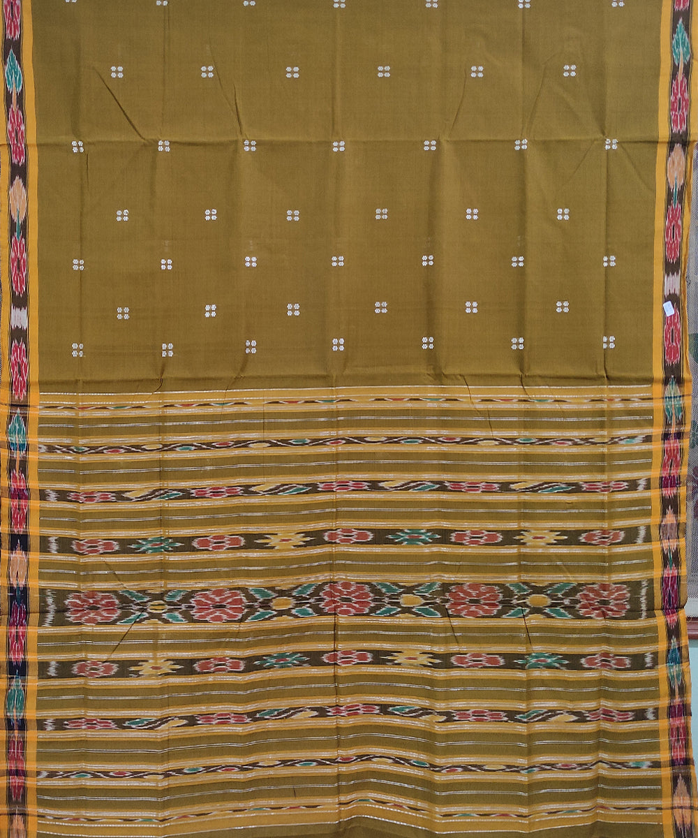Olive green yellow handwoven cotton odisha ikat saree