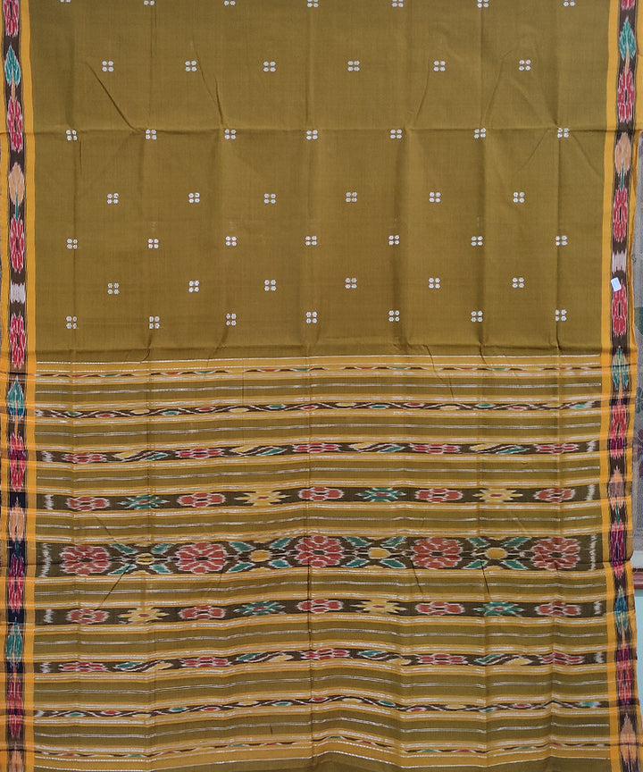 Olive green yellow handwoven cotton odisha ikat saree
