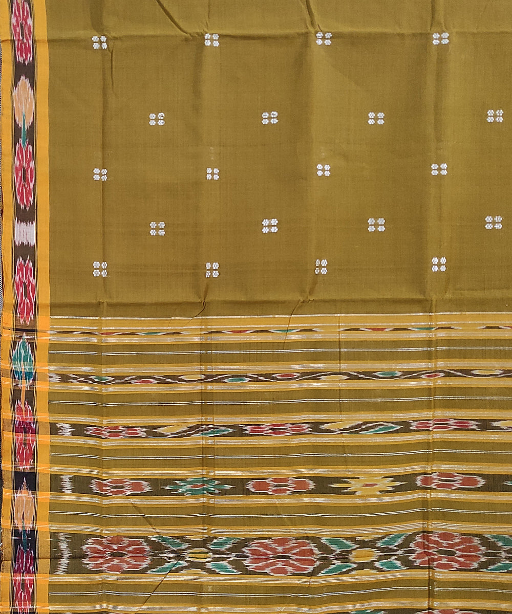 Olive green yellow handwoven cotton odisha ikat saree