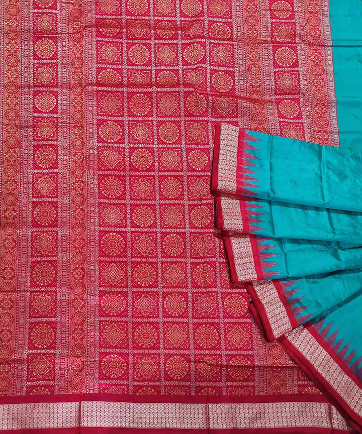 Blue red handwoven silk bomkai saree
