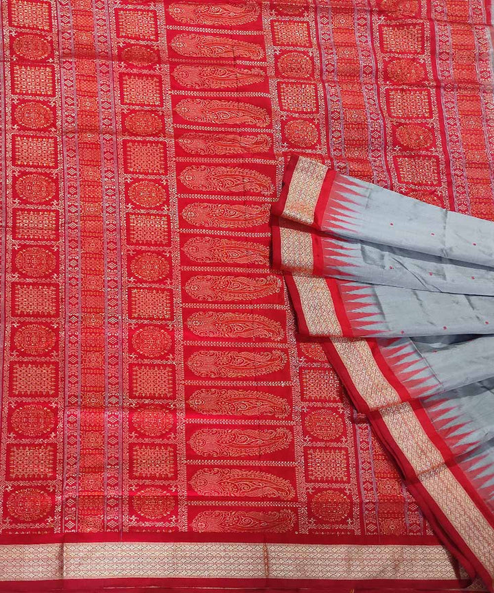 Grey red handwoven silk bomkai saree