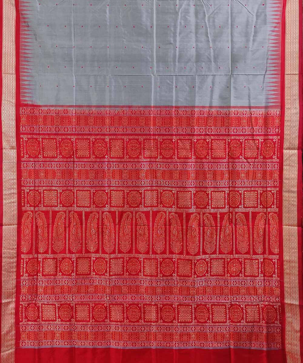 Grey red handwoven silk bomkai saree