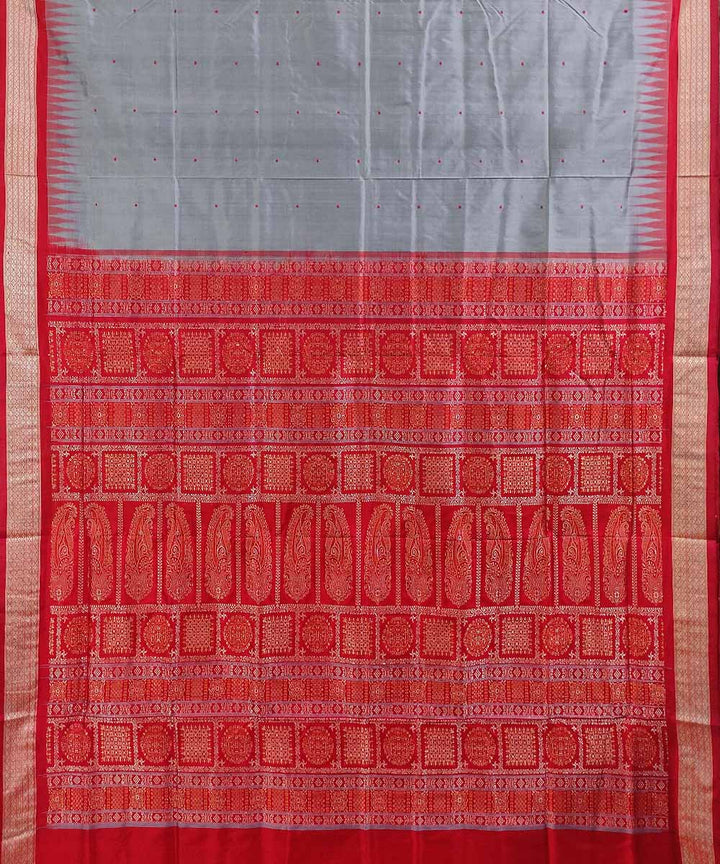 Grey red handwoven silk bomkai saree