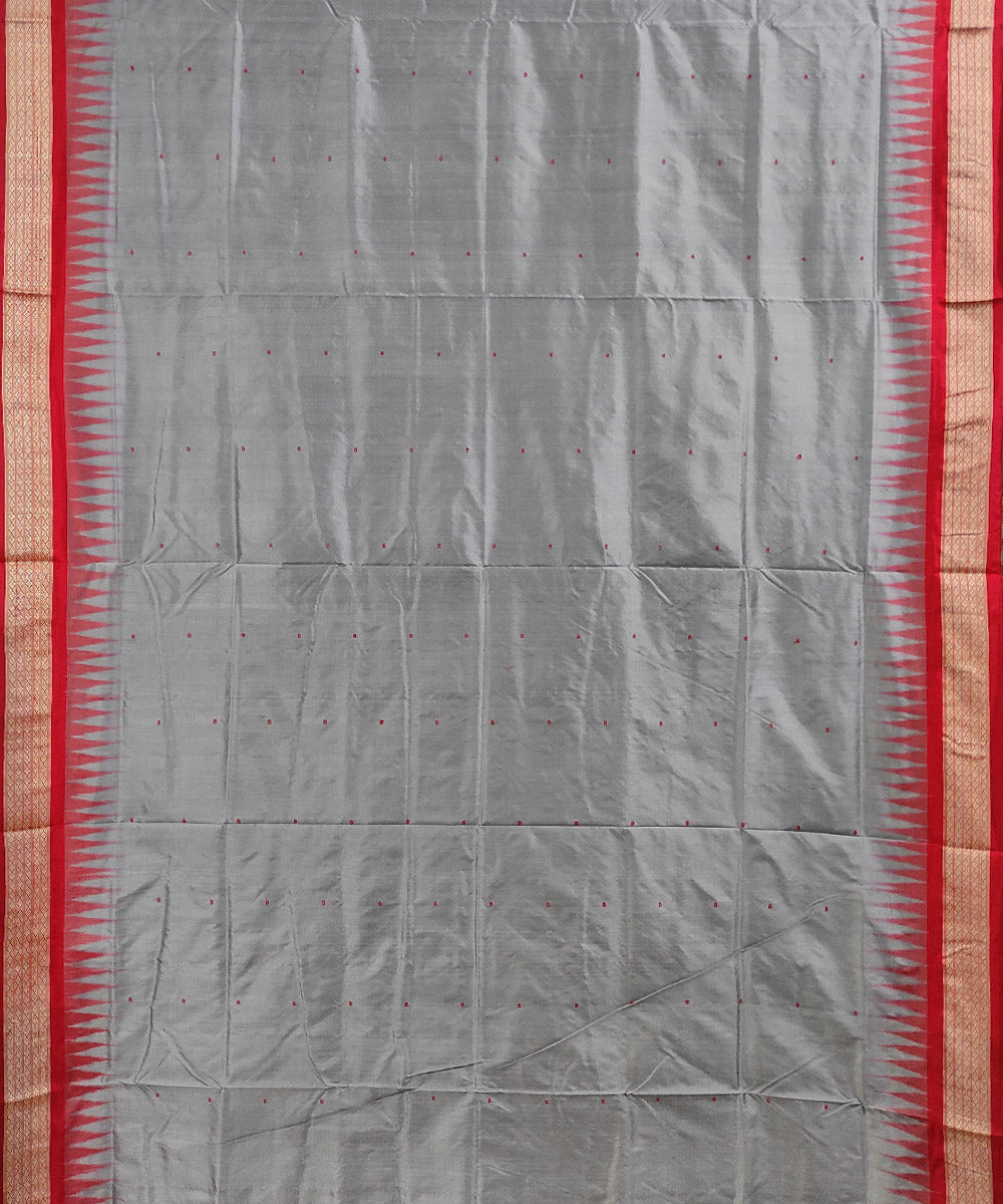 Grey red handwoven silk bomkai saree