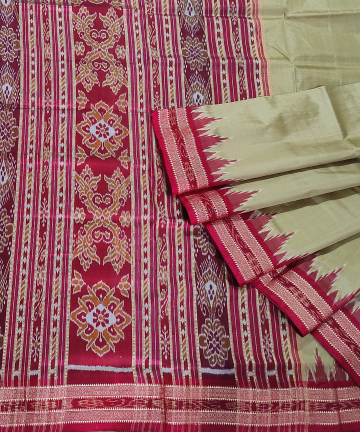 Sage green red handwoven silk khandua saree