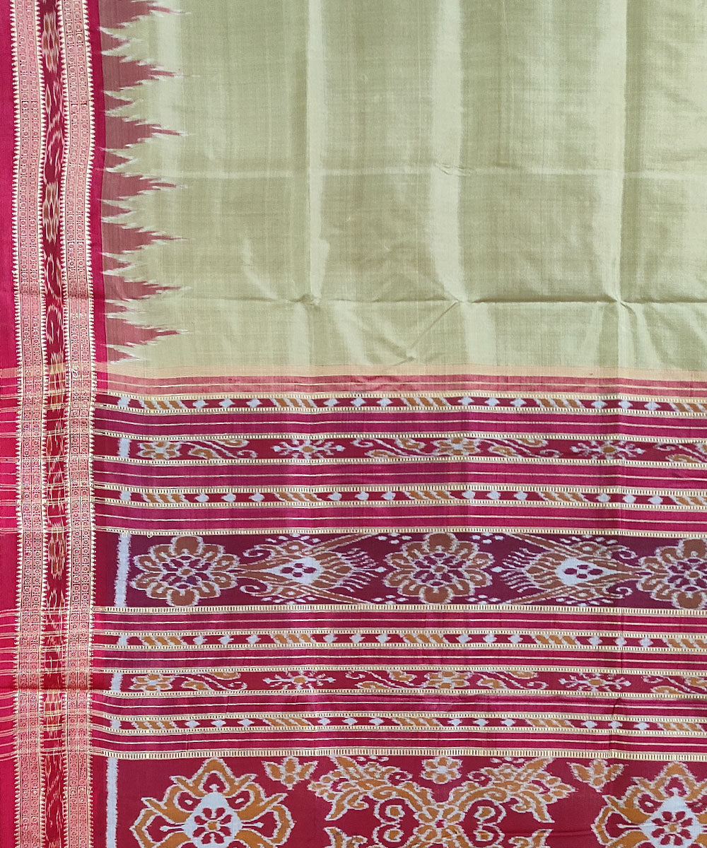 Sage green red handwoven silk khandua saree