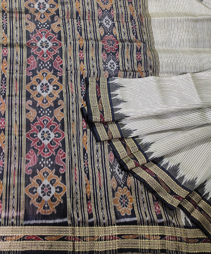 White black handwoven silk khandua saree