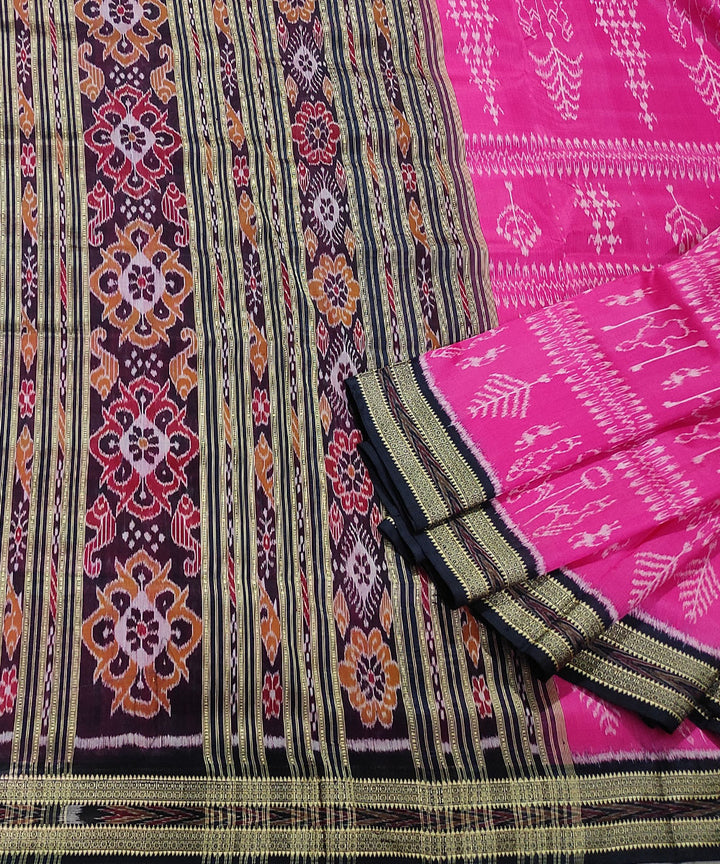 Pink black handwoven silk khandua saree