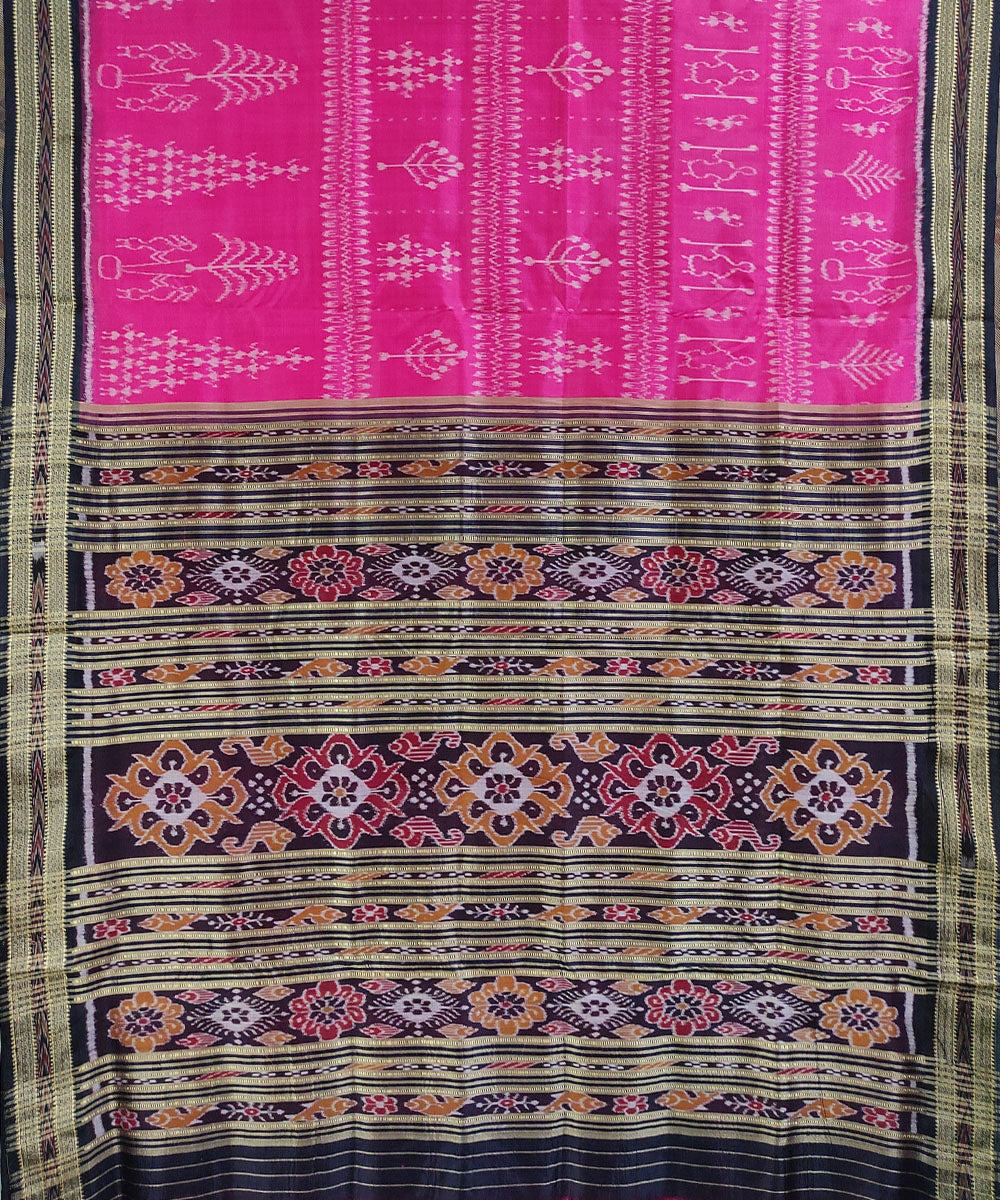 Pink black handwoven silk khandua saree