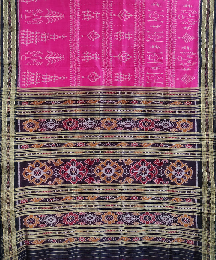 Pink black handwoven silk khandua saree