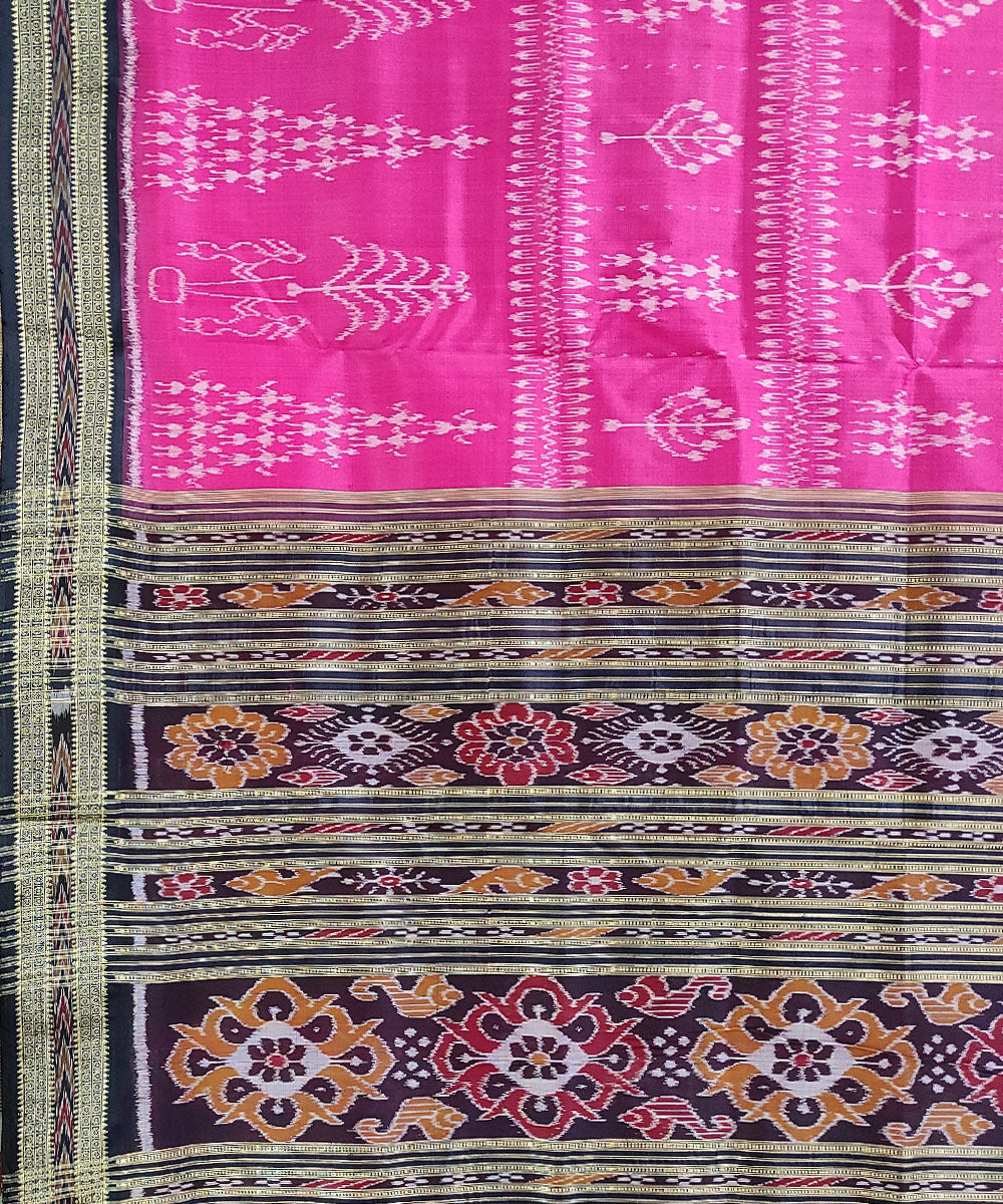 Pink black handwoven silk khandua saree