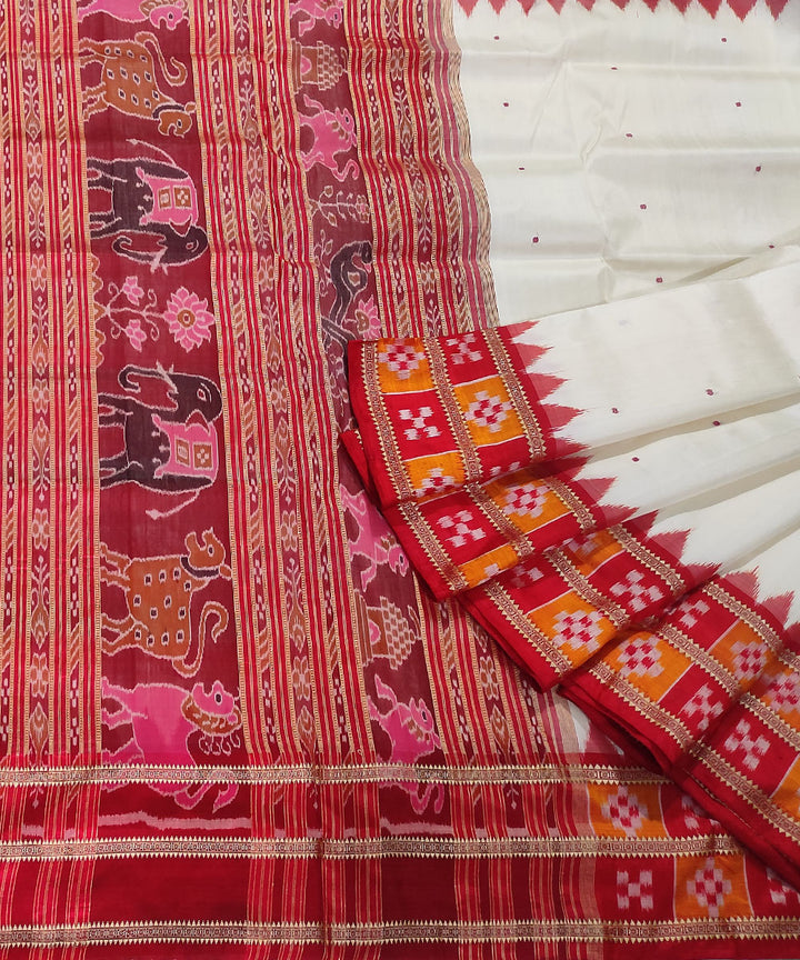 Off white red handwoven silk khandua saree