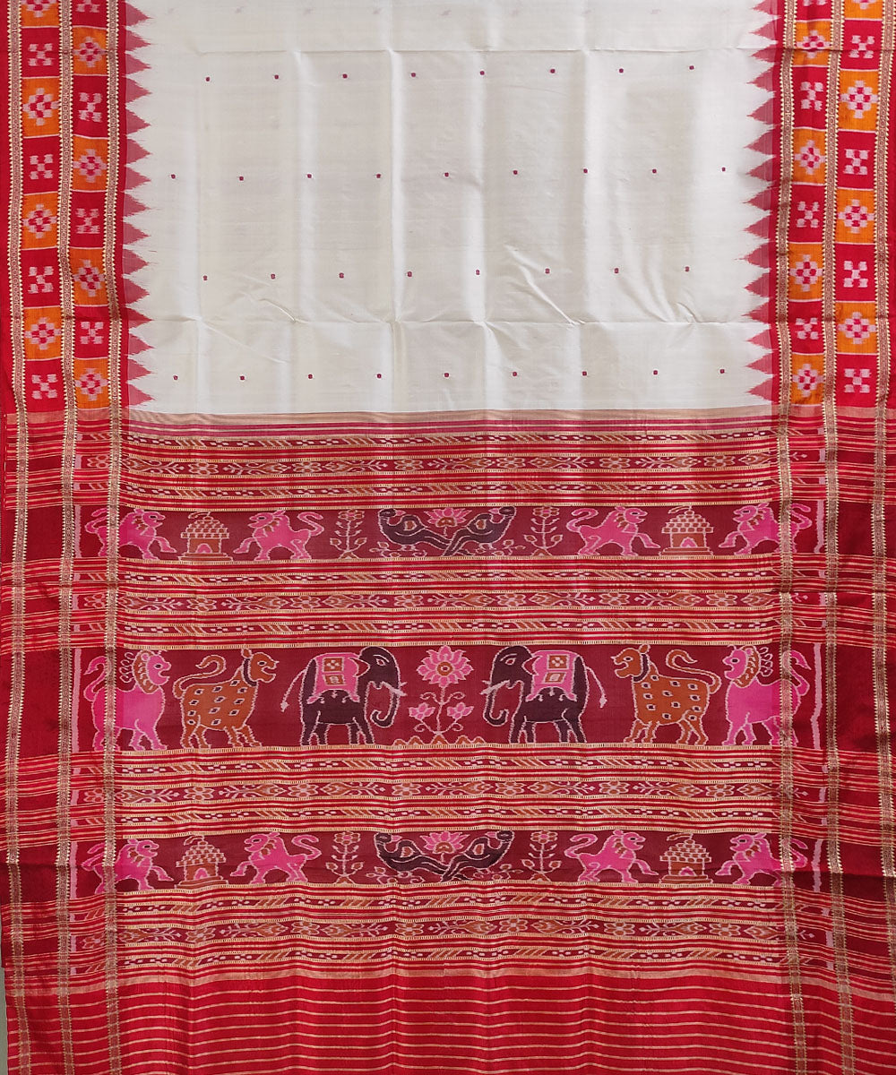 Off white red handwoven silk khandua saree