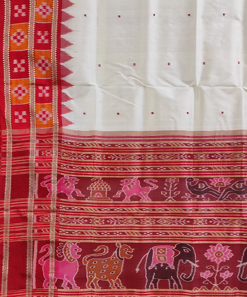 Off white red handwoven silk khandua saree