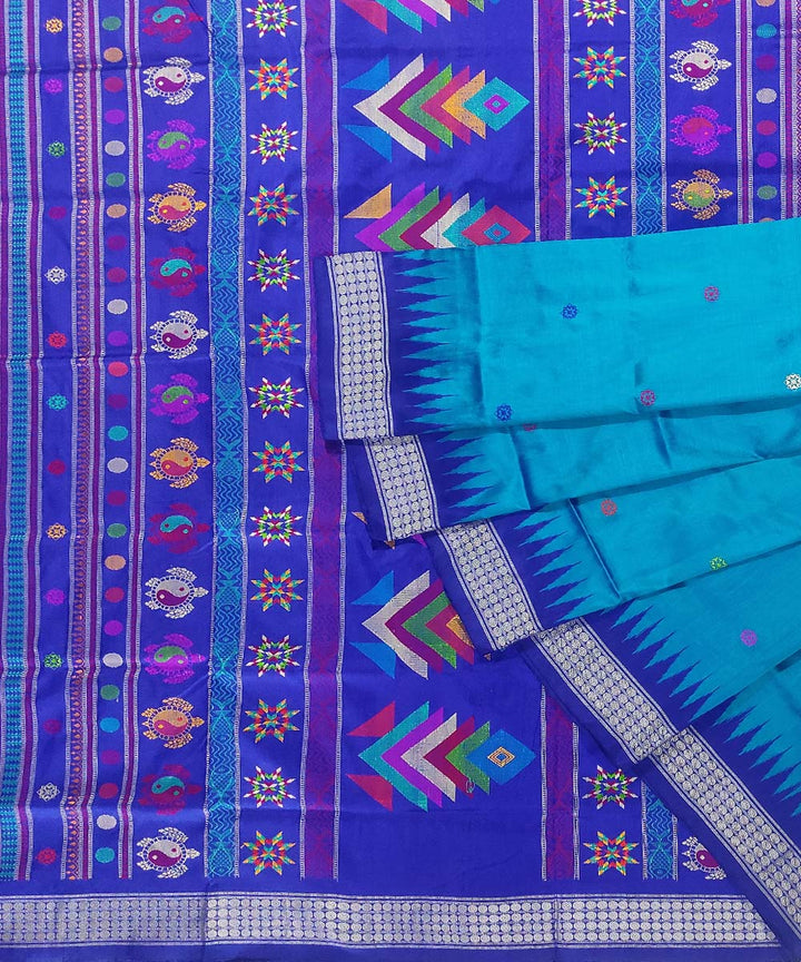 Cyan and navy blue silk handloom dongoria saree