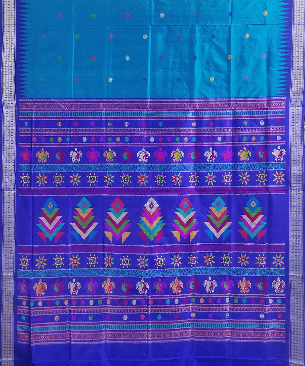 Cyan and navy blue silk handloom dongoria saree